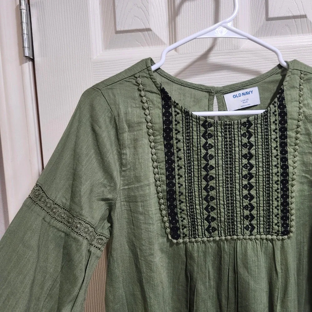 Old Navy Girls Olive Green Embroidered Bib Long Sleeve Shift Dress L 10-12 Plus